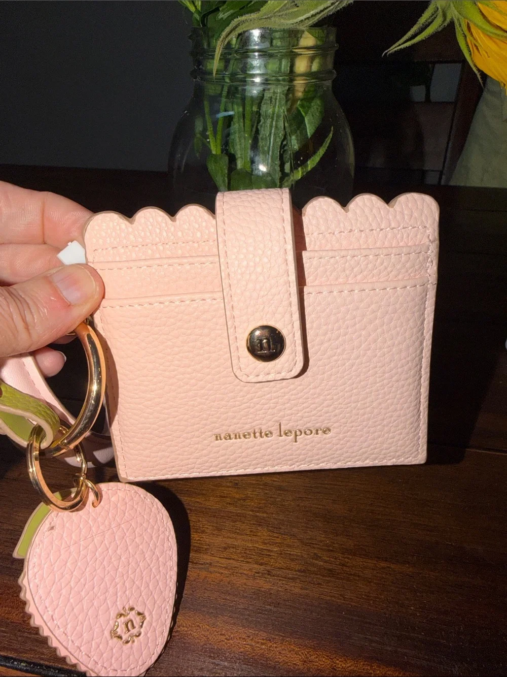 Nanette Lepore Blush Pink Scalloped ID Cardholder with Green Wristlet Accent